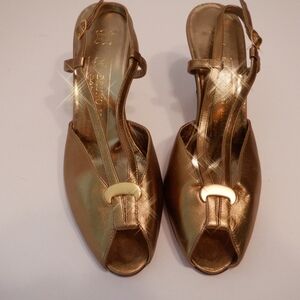 Bruno Magli gold leather open toe strap heels, size 6 B